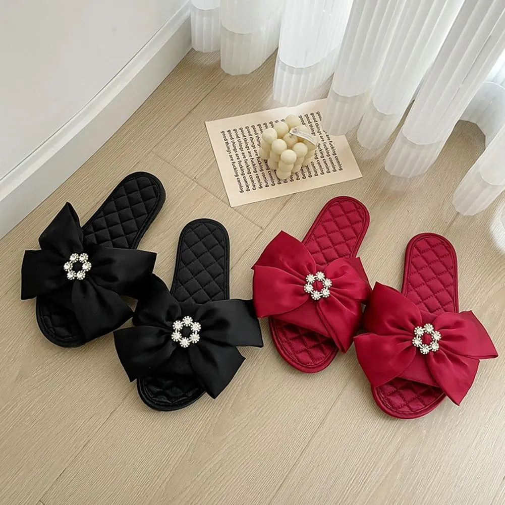 Elegant Satin Slippers for Women Indoor Outdoor Soft Slide Rhinestone Sandals Open Toe Slide Shoes House Shoes 2025