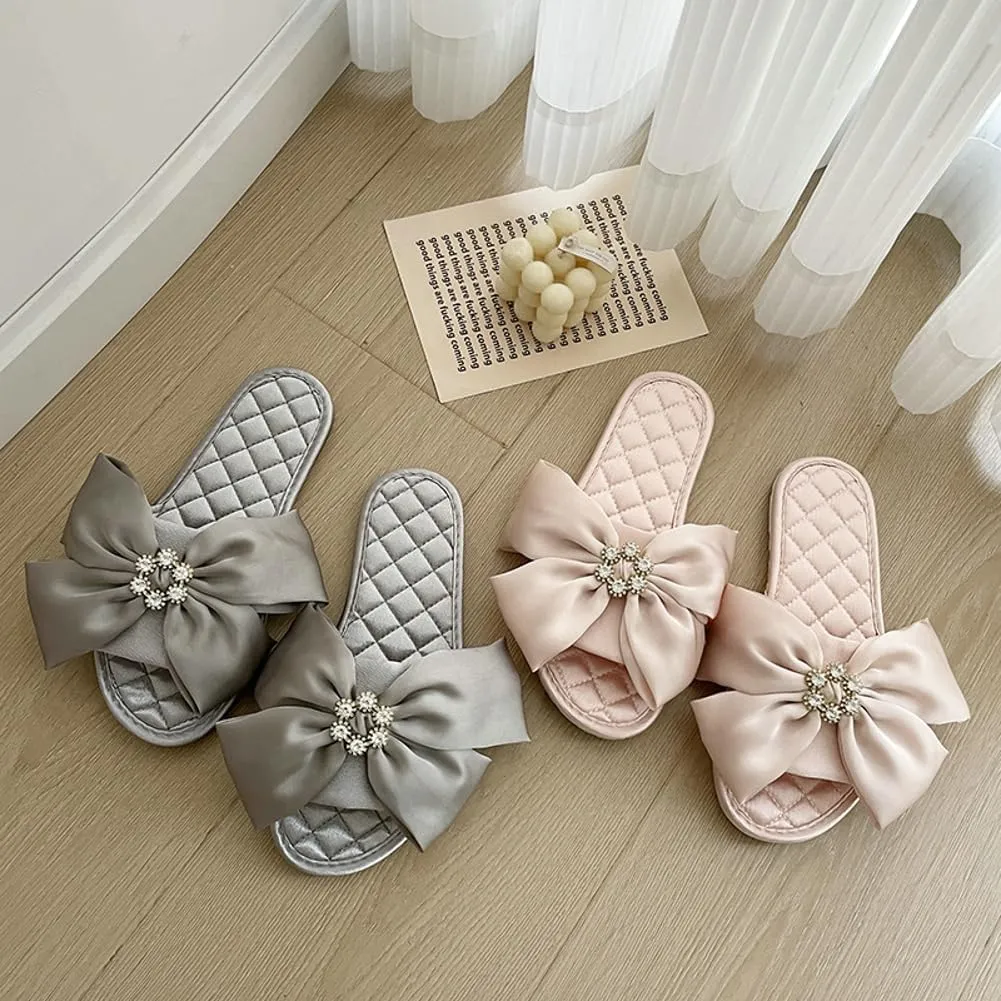 Elegant Satin Slippers for Women Indoor Outdoor Soft Slide Rhinestone Sandals Open Toe Slide Shoes House Shoes 2025
