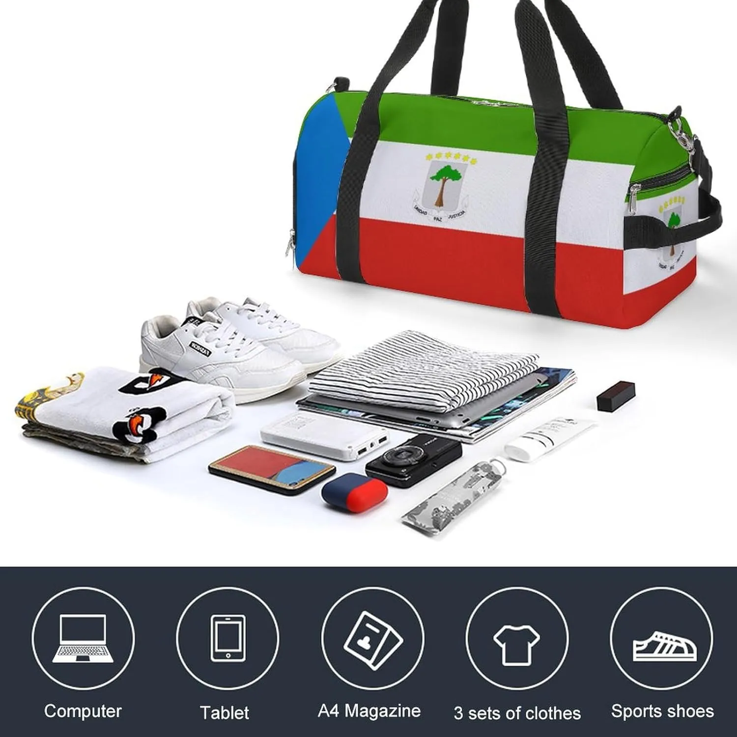 Equatorial Guinea Flag Gym Duffel Bag for Boys Girls Lightweight with Shoe Compartment