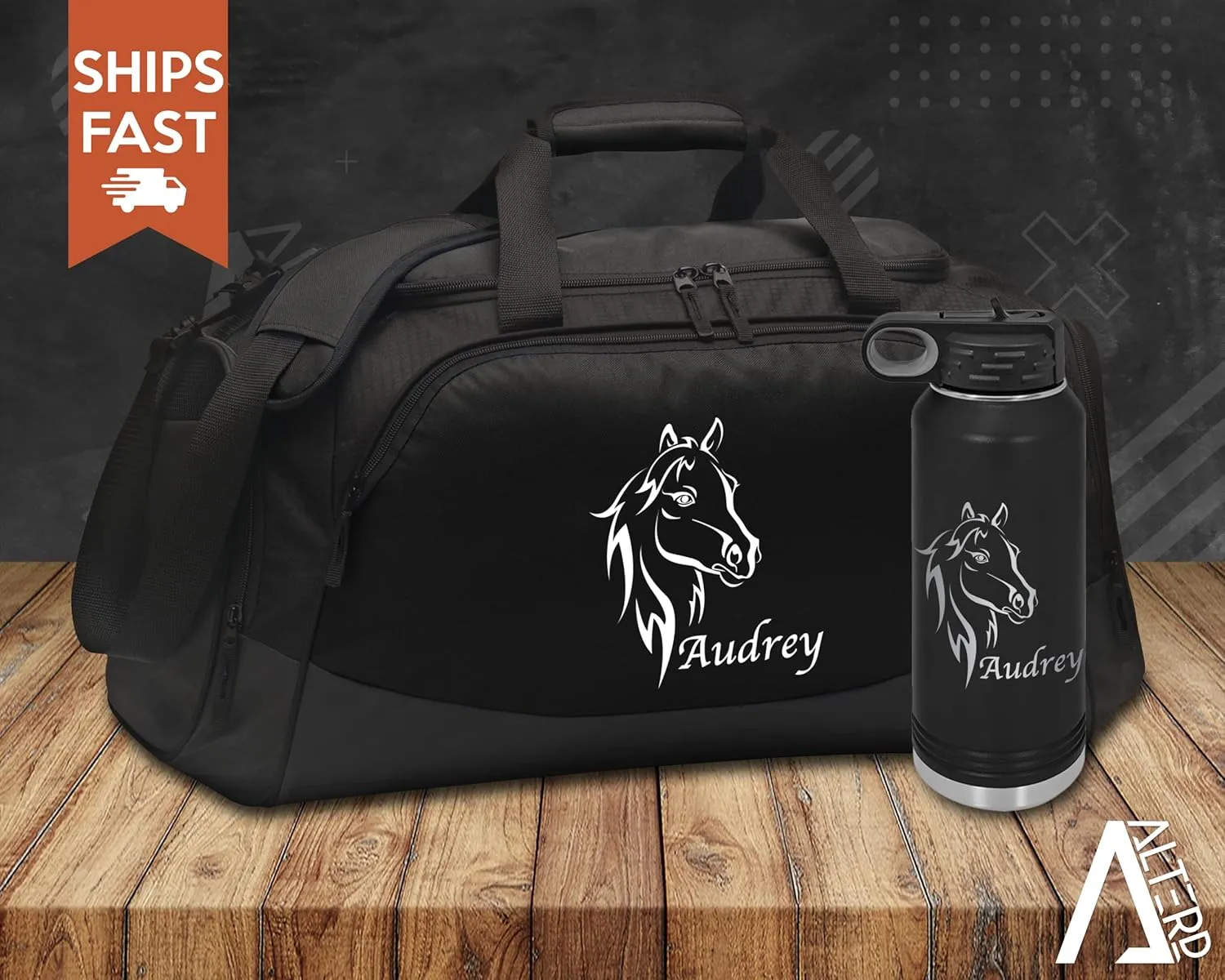 Equestrian Bag - Horse Duffel Bag, Horse Tack, Personalized with Name, Gifts for Horse Lovers, Horseback Riding Gifts, Horseback Riding Camp, Horse Stuff by Alterd Industries (Horse Bust, Black/Black, Bag Only)