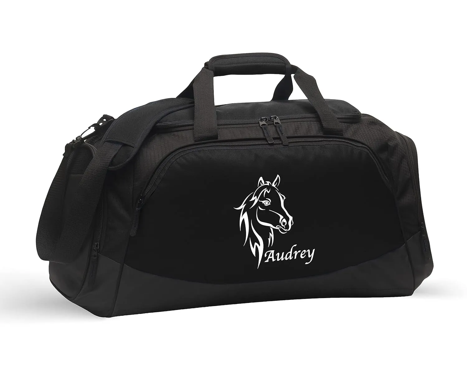 Equestrian Bag - Horse Duffel Bag, Horse Tack, Personalized with Name, Gifts for Horse Lovers, Horseback Riding Gifts, Horseback Riding Camp, Horse Stuff by Alterd Industries (Horse Bust, Black/Black, Bag Only)