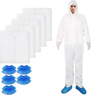 ETERNA Hazmat Suits- 5 Pack Disposable Protective Coveralls with Hood, Zipper, Elastic Wrists, Shoe Covers for Men & Women, Shield from Dirt, Dust, Paint (White, XXX-Large)