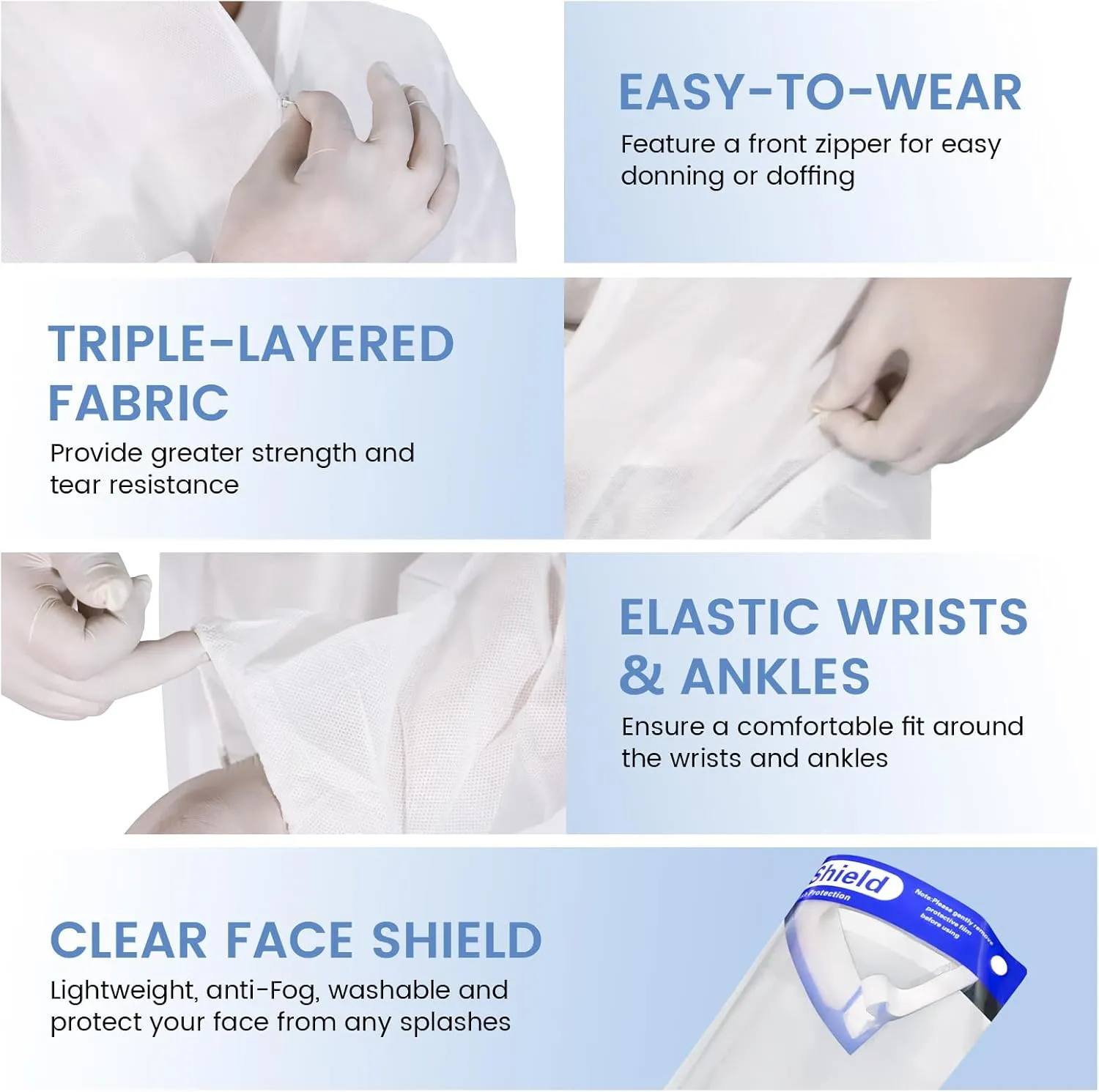 ETERNA Hazmat Suits Set- 5 Pack Disposable Protective Coveralls,Protective Face Shield, Shoe covers for Men & Women, Shield from Dirt, Dust, Paint (X-Large)