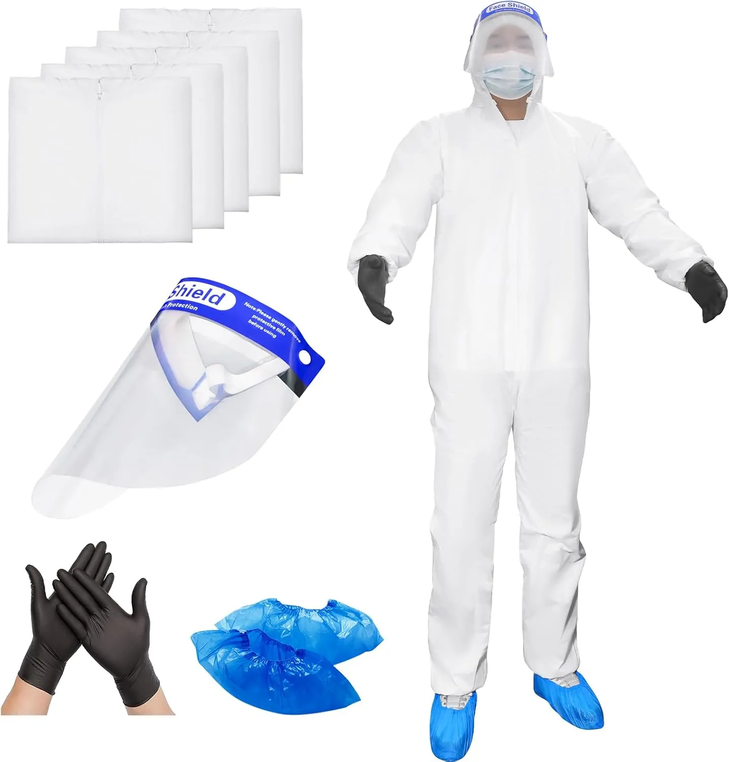 ETERNA Hazmat Suits Set- 5 Pack Disposable Protective Coveralls,Protective Face Shield, Shoe covers for Men & Women, Shield from Dirt, Dust, Paint (X-Large)