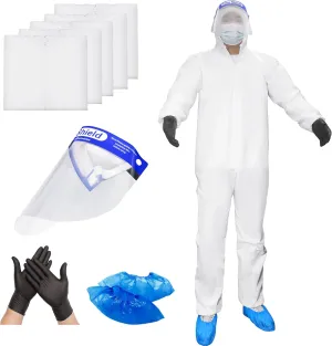 ETERNA Hazmat Suits Set- 5 Pack Disposable Protective Coveralls,Protective Face Shield, Shoe covers for Men & Women, Shield from Dirt, Dust, Paint (X-Large)