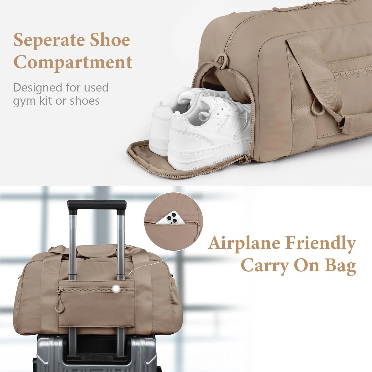 ETRONIK 3-IN-1 Gym Bag for Women, TSA Lightweight Weekender Bags for Women, Travel Duffle Bag for Travel with Shoe Compartment & Wet Pocket, Water Resistant Gym Duffle Backpack, Khaki