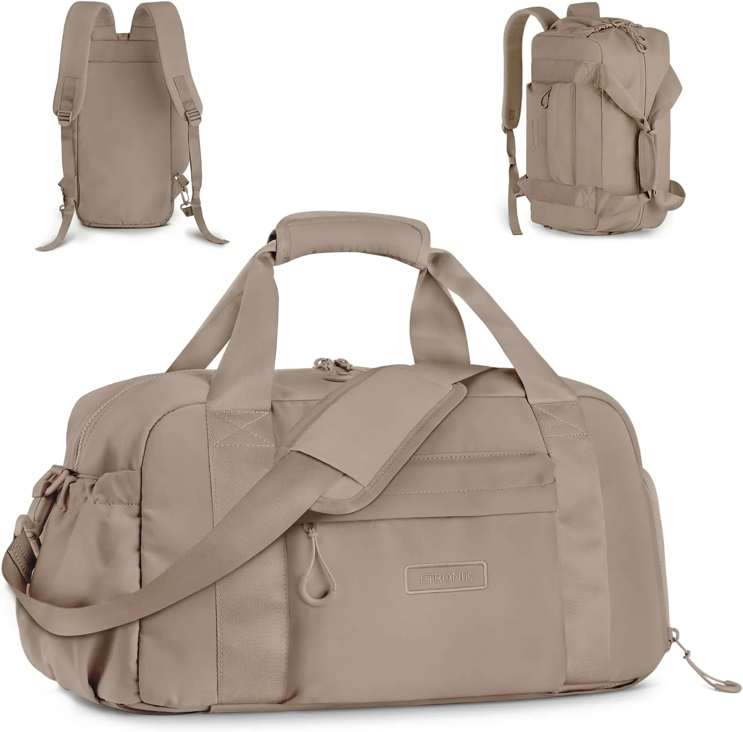 ETRONIK 3-IN-1 Gym Bag for Women, TSA Lightweight Weekender Bags for Women, Travel Duffle Bag for Travel with Shoe Compartment & Wet Pocket, Water Resistant Gym Duffle Backpack, Khaki