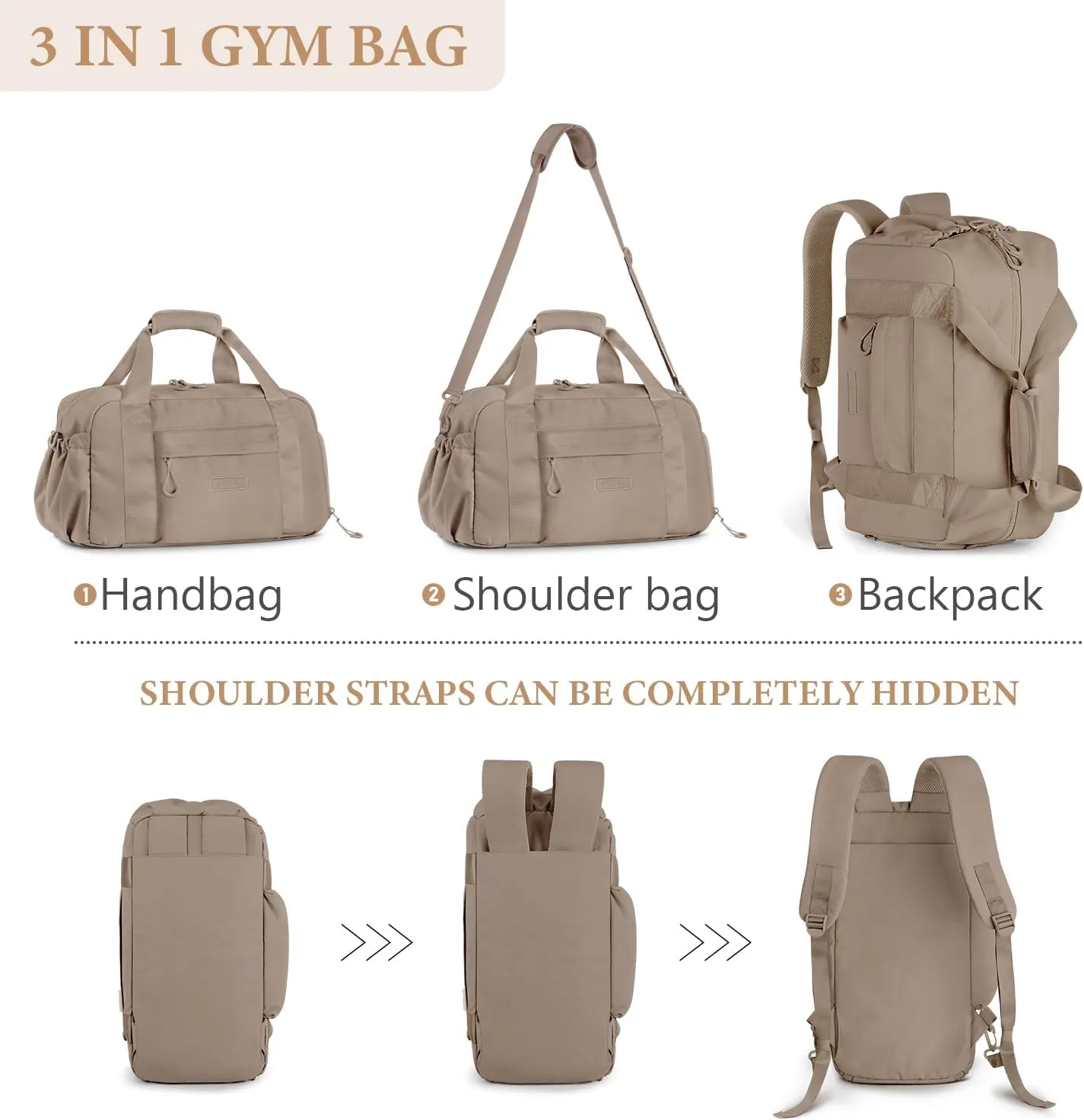ETRONIK 3-IN-1 Gym Bag for Women, TSA Lightweight Weekender Bags for Women, Travel Duffle Bag for Travel with Shoe Compartment & Wet Pocket, Water Resistant Gym Duffle Backpack, Khaki