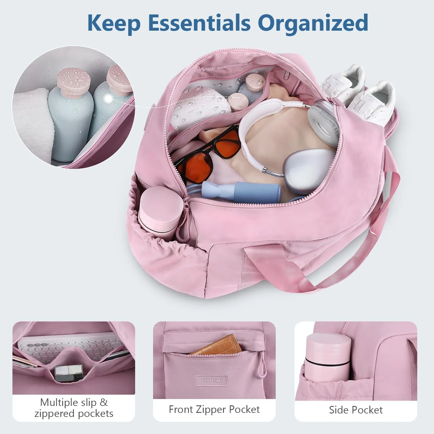 ETRONIK 3-IN-1 Gym Bag for Women, TSA Lightweight Weekender Bags for Women, Travel Duffle Bag for Travel with Shoe Compartment & Wet Pocket, Water Resistant Gym Duffle Backpack, Pink