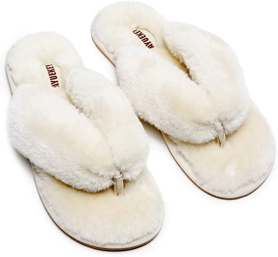 FAYUEKEY Comfort Spa Flip Flops Thong Slide for Women Girls Sexy Fuzzy Bedroom House Slippers with Memory Foam
