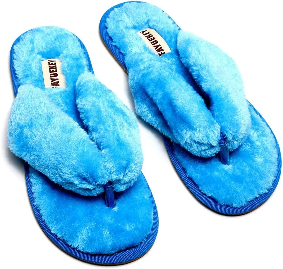 FAYUEKEY Comfort Spa Flip Flops Thong Slide for Women Girls Sexy Fuzzy Bedroom House Slippers with Memory Foam