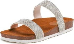 FEVERSOLE Women's Fashion Sparkle Slide Sandals Soft Cork Footbed Comfort Flats