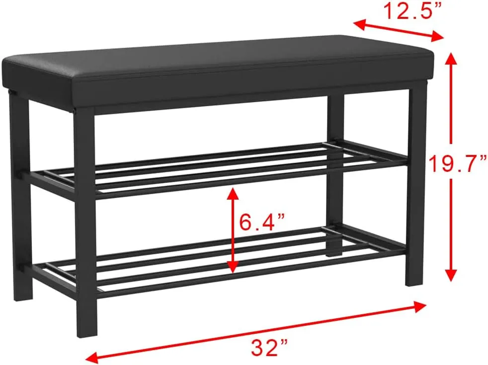 Finnhomy Entryway Shoe Rack with Cushioned Seat, Shoe Bench for Entry, 2 Shelves Storage Bench w/Faux Leather Top Bed Bench, Black