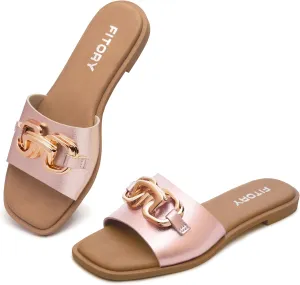 FITORY Women's Flat Sandals Fashion Slides With Soft Leather Slippers for Summer Size 6-11