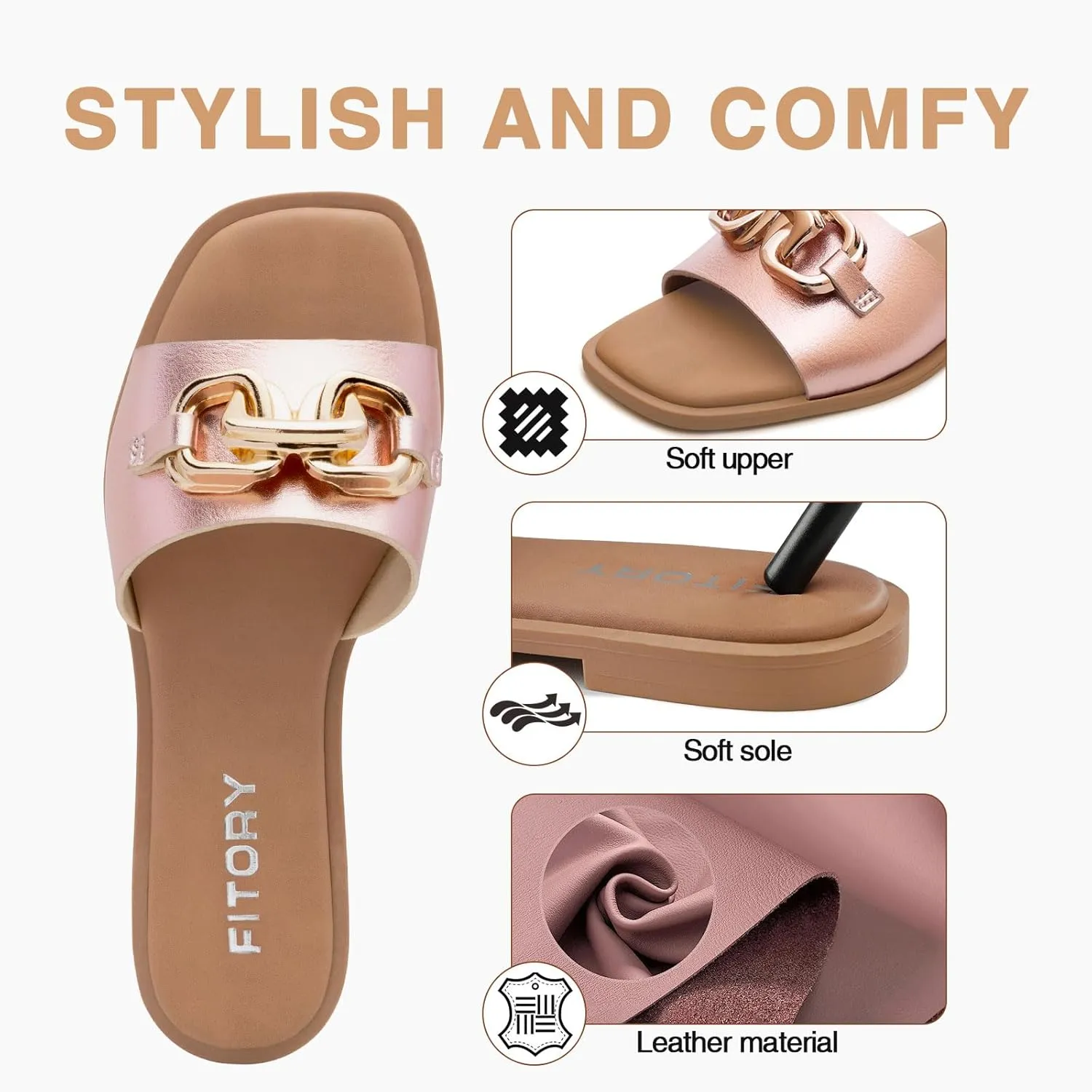 FITORY Women's Flat Sandals Fashion Slides With Soft Leather Slippers for Summer Size 6-11