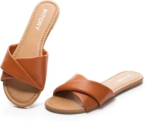 FITORY Women's Flat Sandals Fashion Slides With Soft Leather Slippers for Summer Size 6-11