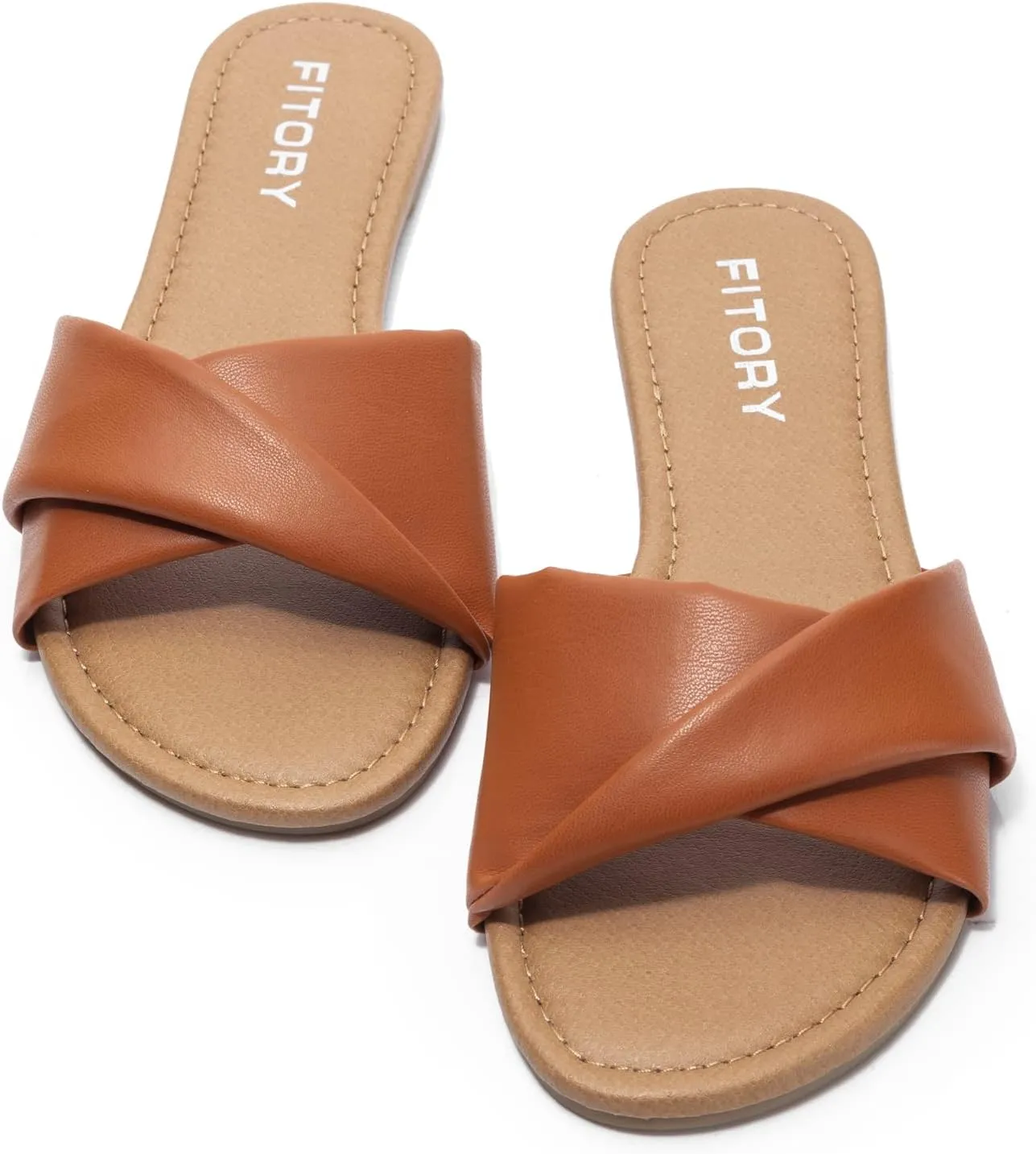 FITORY Women's Flat Sandals Fashion Slides With Soft Leather Slippers for Summer Size 6-11