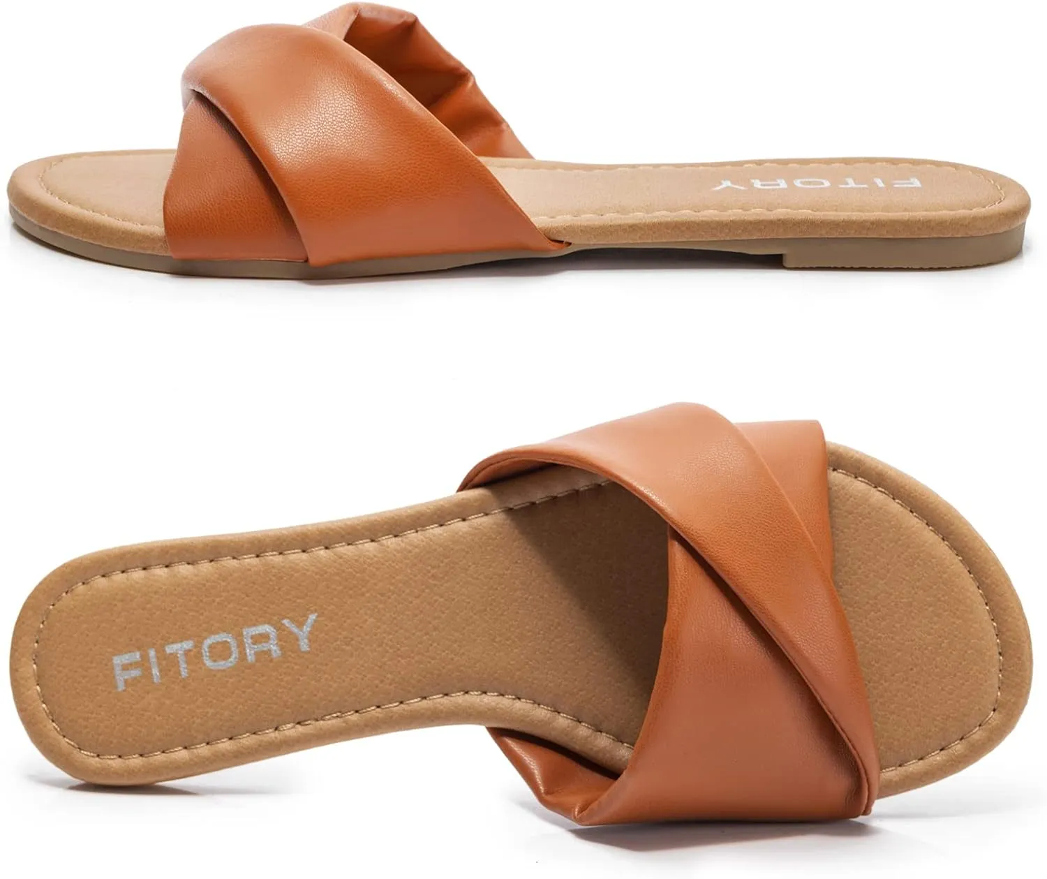 FITORY Women's Flat Sandals Fashion Slides With Soft Leather Slippers for Summer Size 6-11