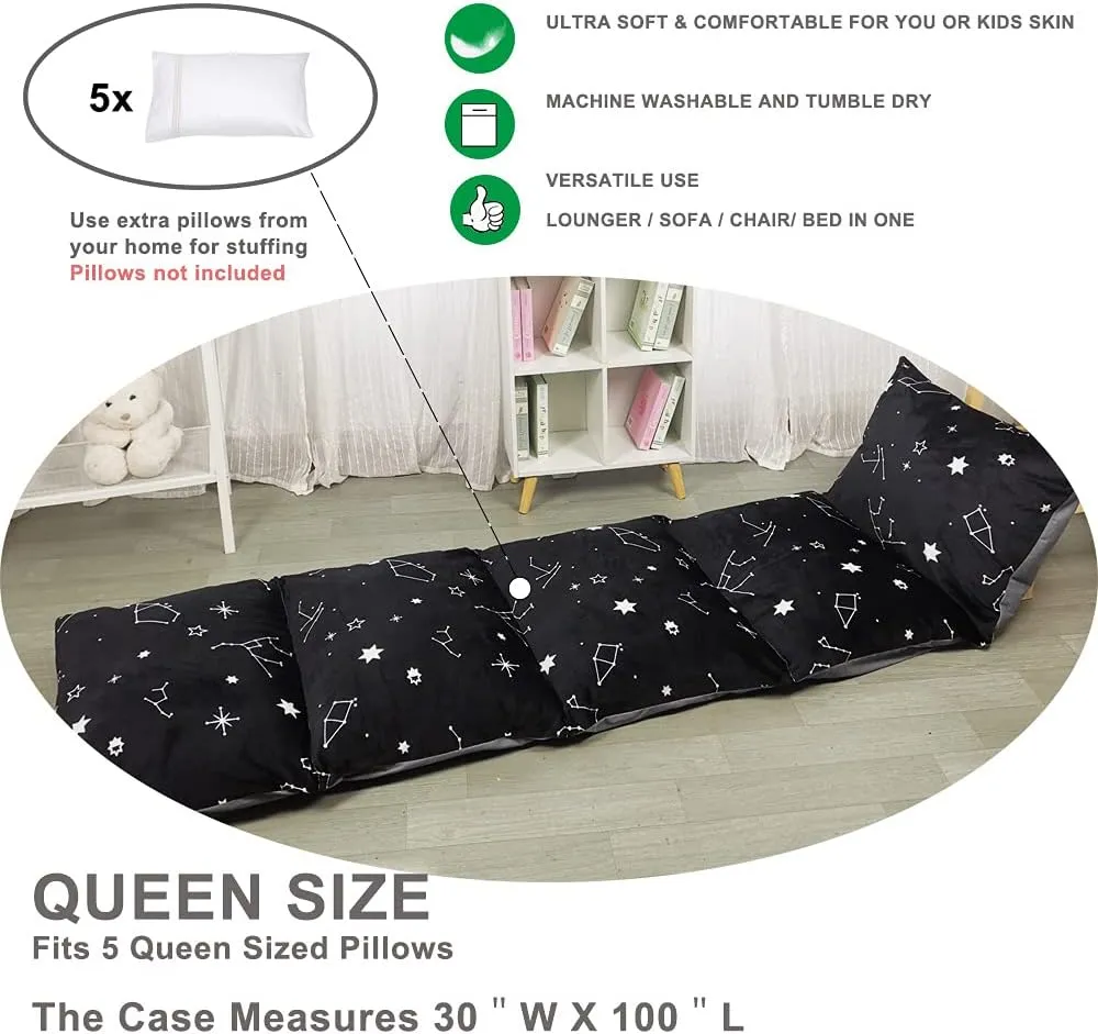 Floor Lounger Pillow casing for boy Girl,Without pillow, Soft Minky Plush, Black Constellation Print, Cover/Sleeve Only! Perfect Reading, Watching TV Cushion - great for Sleepovers, Queen Size;