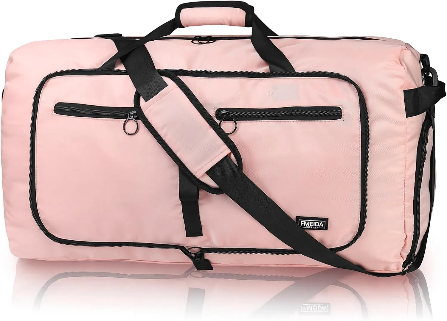 Fmeida 65L Duffle Bag with Shoes Compartment, Foldable Travel Duffel Bags for Men Women, Large Packable Travel Bag Water Repellent & Tear Resistant (Light Pink)