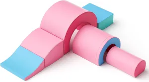 Foam Climbing Blocks for Toddlers, 5 Pieces Soft Climbing Toys, Crawl and Climb Foam Playset with Foldable Slide, Indoor Climber Activity Playground for Kids (Pink Blue)