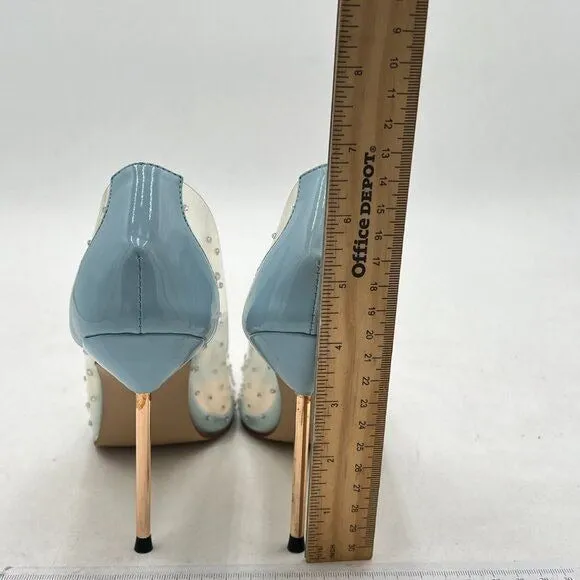 FSJ Light Blue Studded Pointed Toe Transparent Pumps High Heels Shoes