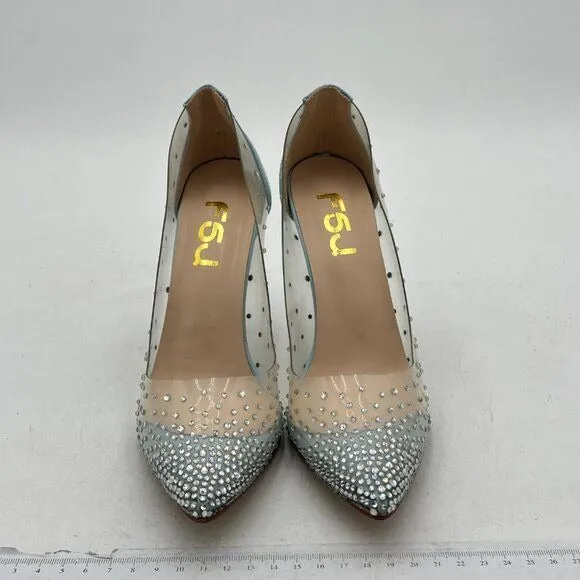FSJ Light Blue Studded Pointed Toe Transparent Pumps High Heels Shoes