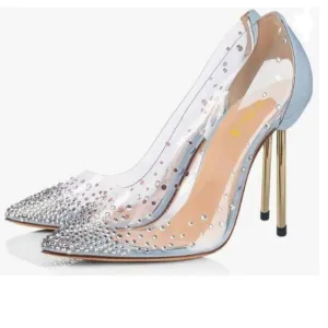 FSJ Light Blue Studded Pointed Toe Transparent Pumps High Heels Shoes