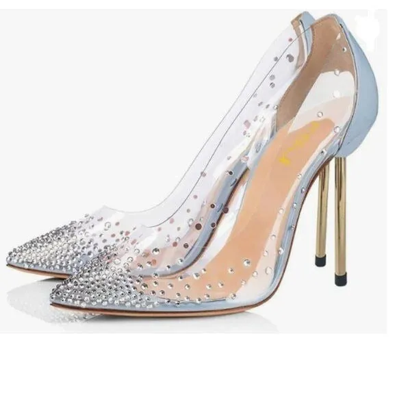FSJ Light Blue Studded Pointed Toe Transparent Pumps High Heels Shoes