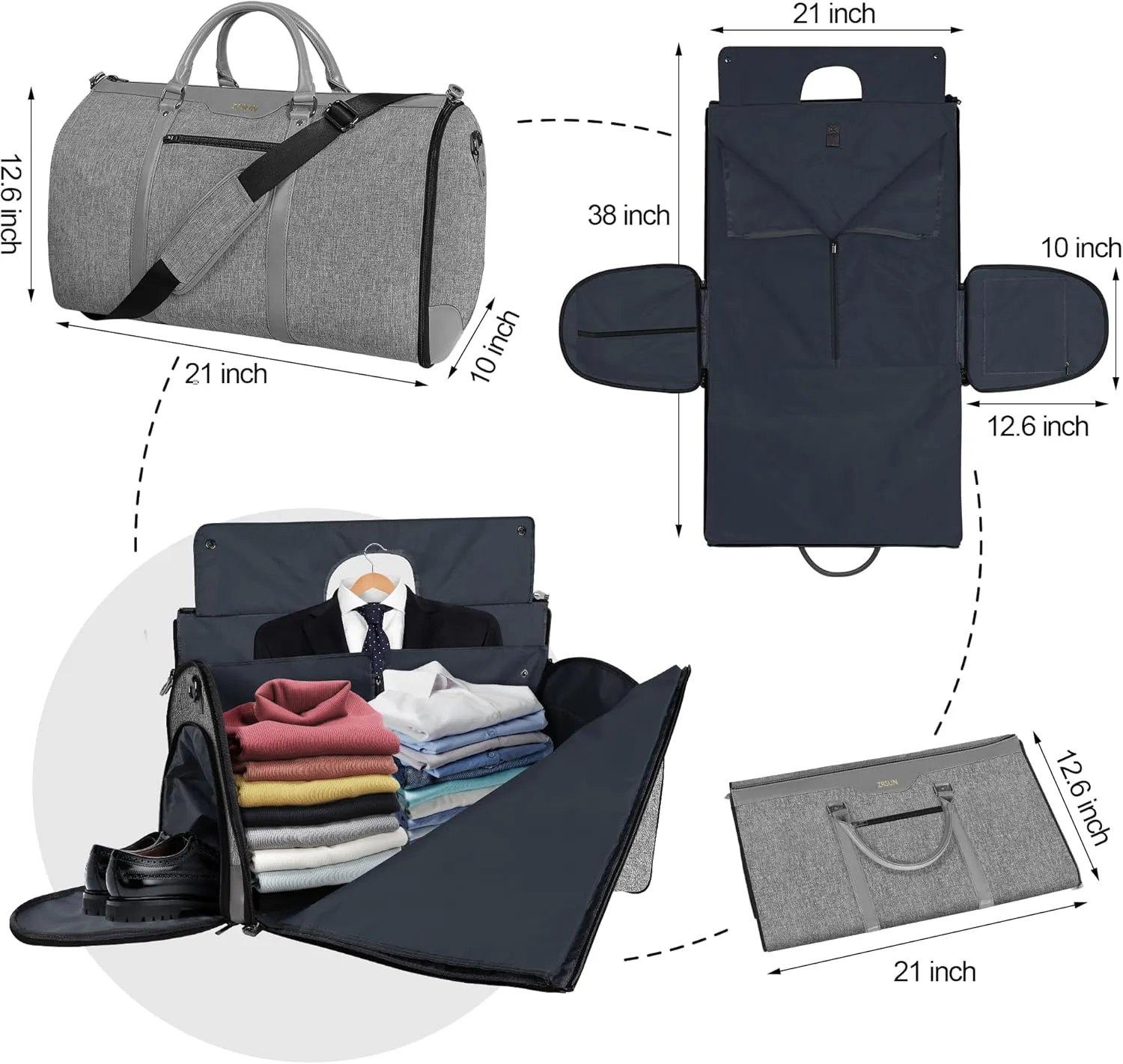 Garment Bag for Travel, Carry On Garment bag, Convertible Duffel Bag with Shoe Compartment, Perfect for Business Trips and Weekend Getaways(Light Grey)