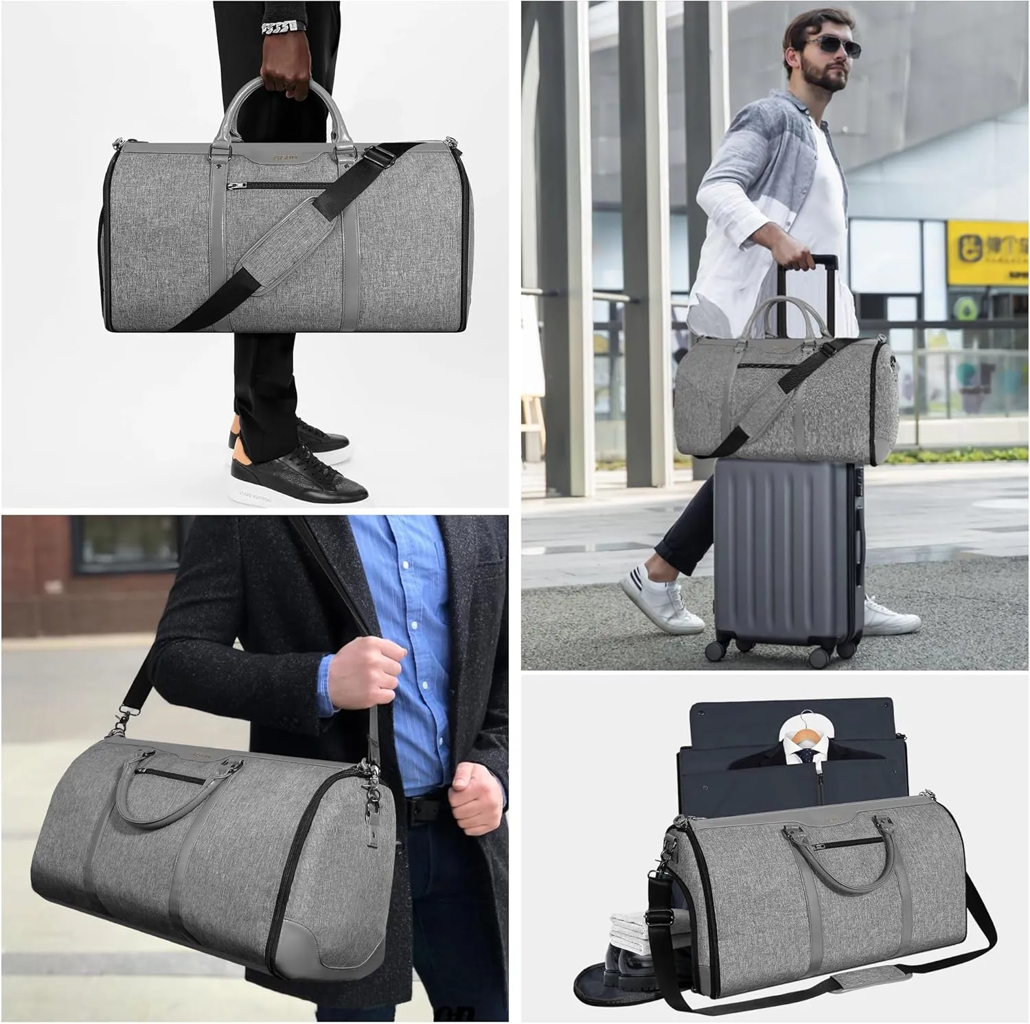 Garment Bag for Travel, Carry On Garment bag, Convertible Duffel Bag with Shoe Compartment, Perfect for Business Trips and Weekend Getaways(Light Grey)