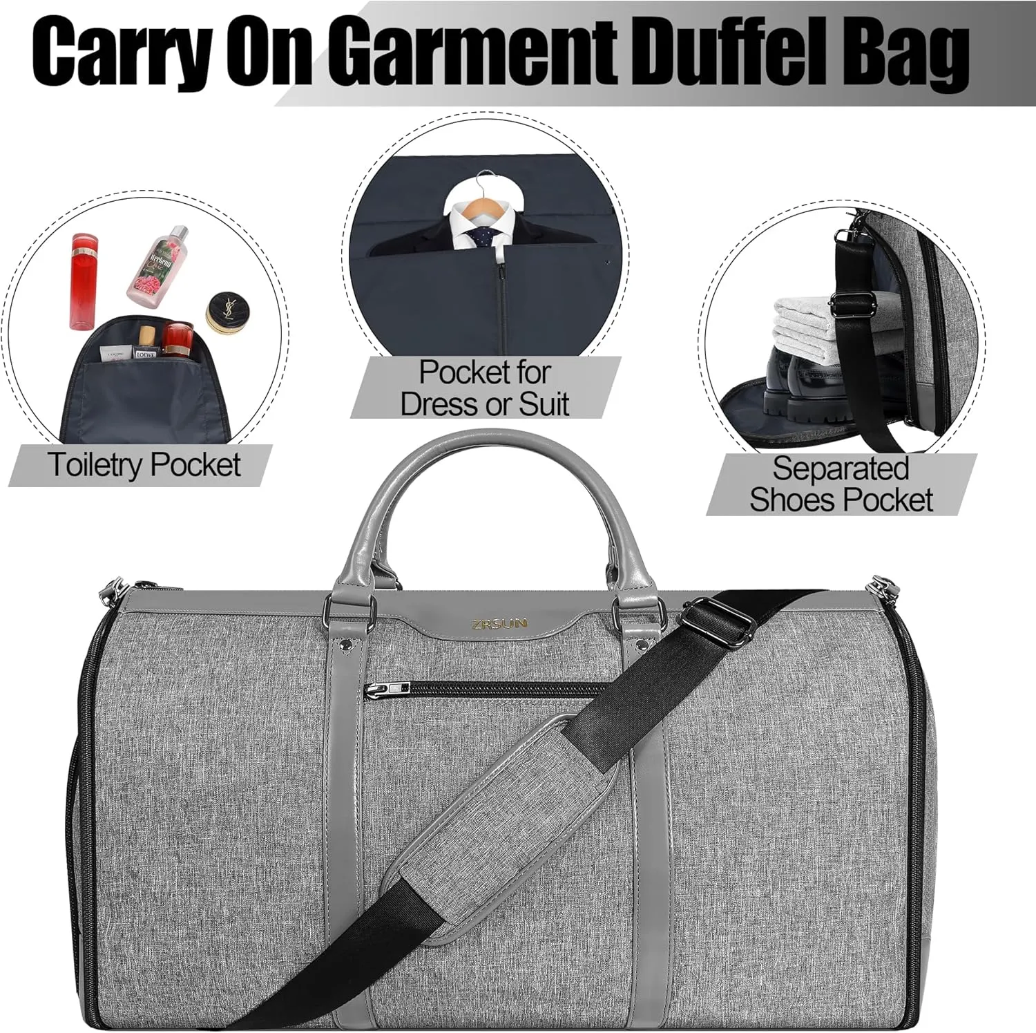 Garment Bag for Travel, Carry On Garment bag, Convertible Duffel Bag with Shoe Compartment, Perfect for Business Trips and Weekend Getaways(Light Grey)