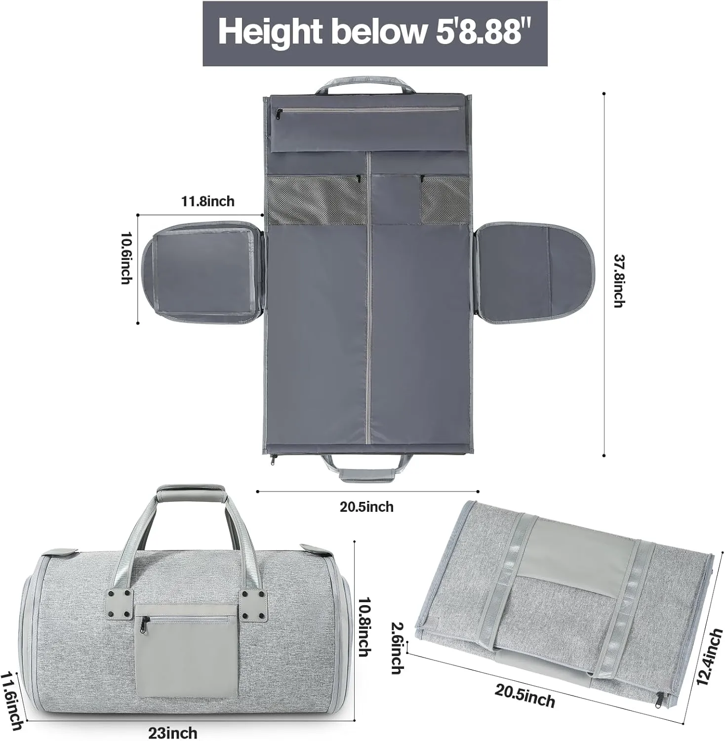 Garment Bags for Travel - Brand Zipper - Water Repellent Garment Bag with Shoe Compartment - 2 in 1 Convertible Suit Bag Travel with Shoe Bags - Medium Light Gray