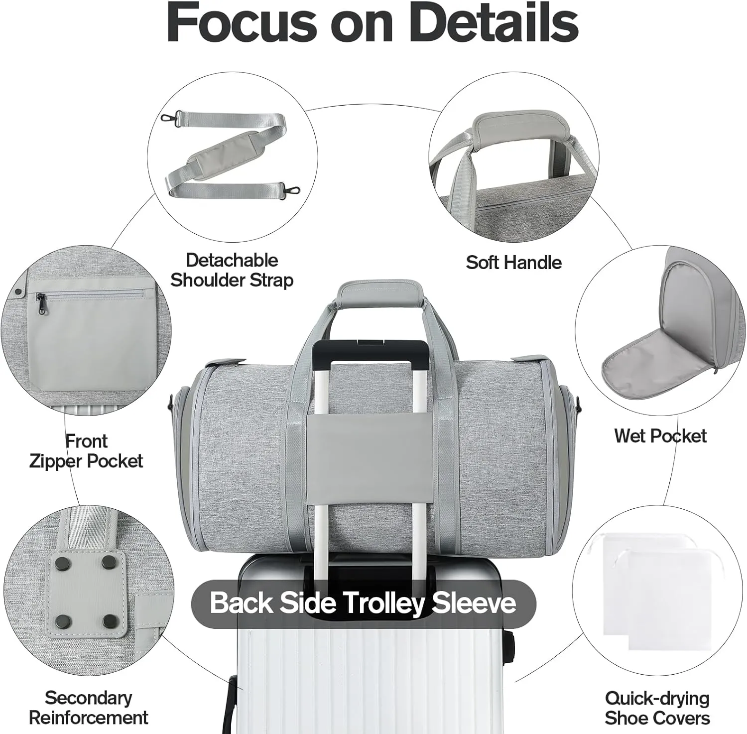 Garment Bags for Travel - Brand Zipper - Water Repellent Garment Bag with Shoe Compartment - 2 in 1 Convertible Suit Bag Travel with Shoe Bags - Medium Light Gray