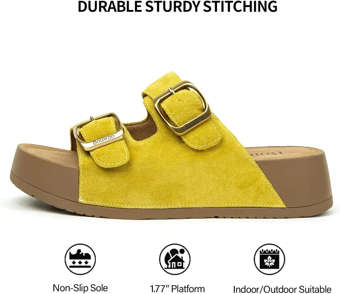 Genuine Leather Platform Sandals Women Slip-on Beach Sandals Slide Buckle Comfortable with Soft Lining and Open Toe Low Wedges