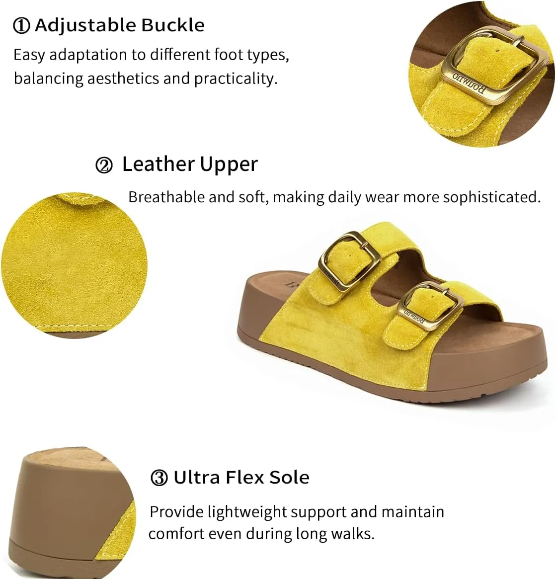 Genuine Leather Platform Sandals Women Slip-on Beach Sandals Slide Buckle Comfortable with Soft Lining and Open Toe Low Wedges