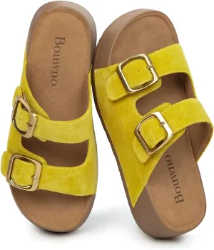 Genuine Leather Platform Sandals Women Slip-on Beach Sandals Slide Buckle Comfortable with Soft Lining and Open Toe Low Wedges