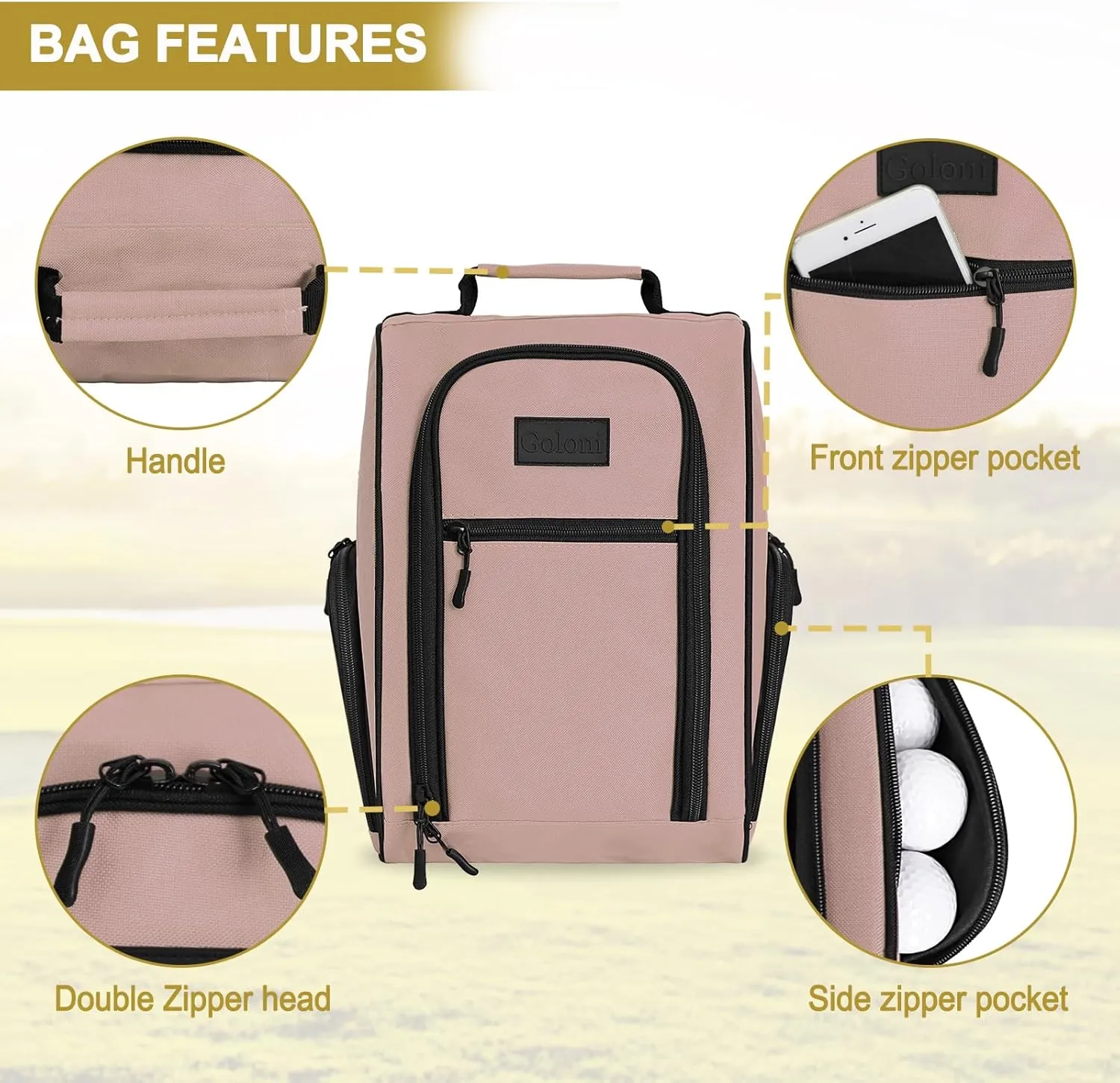 Goloni Golf Shoe Bag for Men & Women, Padded Travel Shoe Bag with Side Accessory Pockets,Sport Shoe Carrier for Golf Shoes,Socks,Tees & Balls,Durable & Lightweight Design,Light Pink