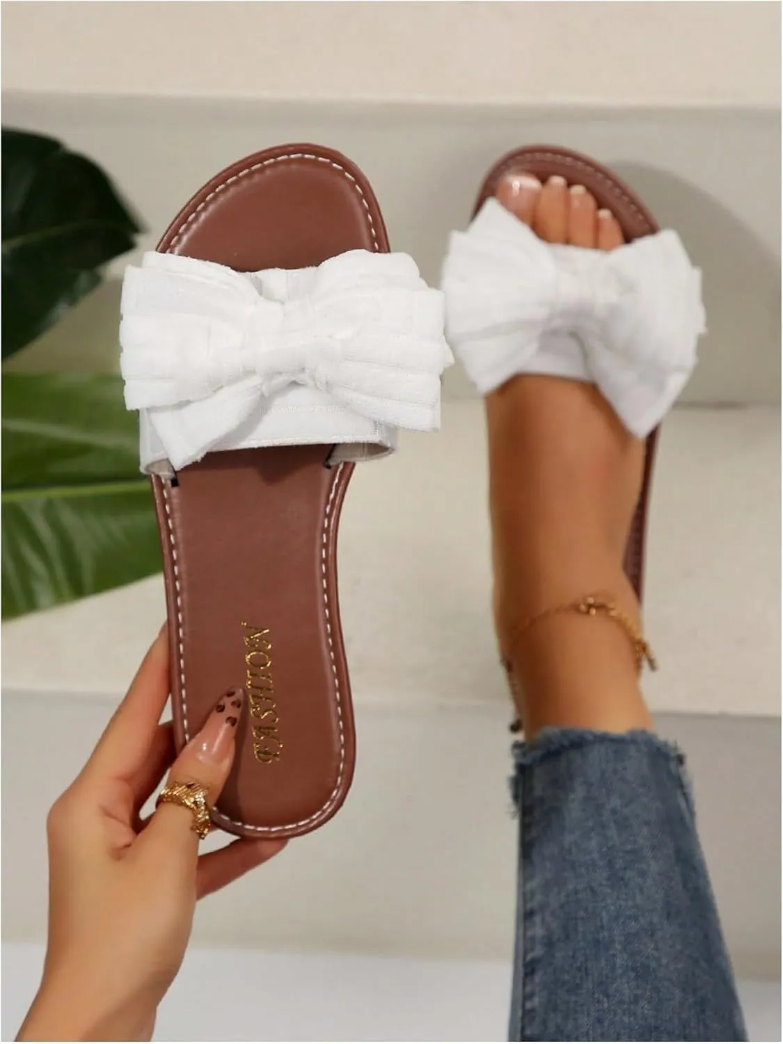 GORGLITTER Women's Bow Flat Sandals Open Toe Wide Width Dressy Vacation Slide Sandals