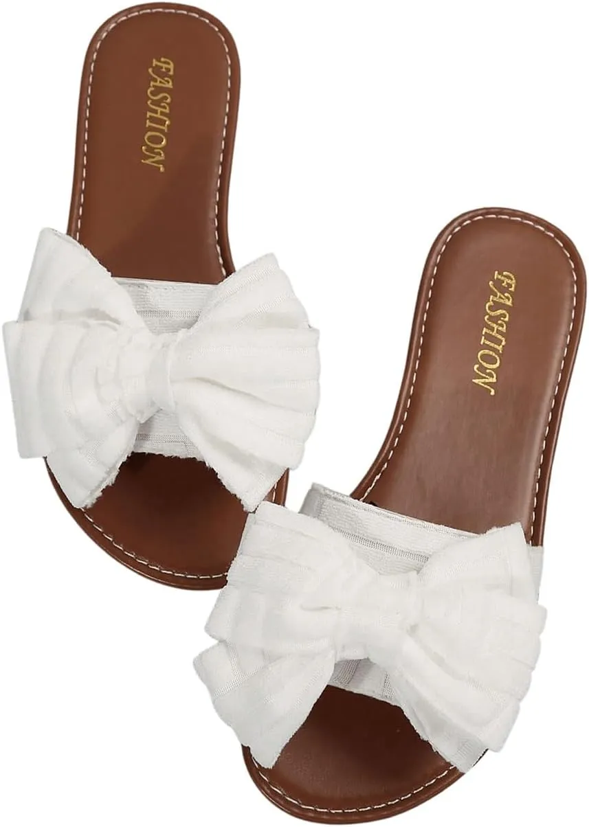 GORGLITTER Women's Bow Flat Sandals Open Toe Wide Width Dressy Vacation Slide Sandals