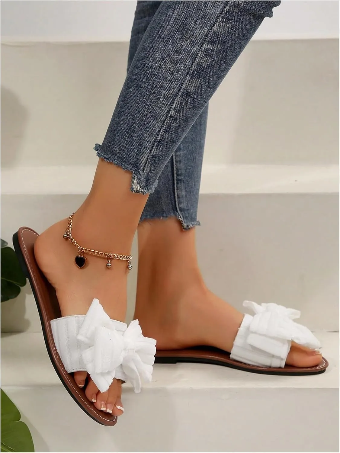 GORGLITTER Women's Bow Flat Sandals Open Toe Wide Width Dressy Vacation Slide Sandals