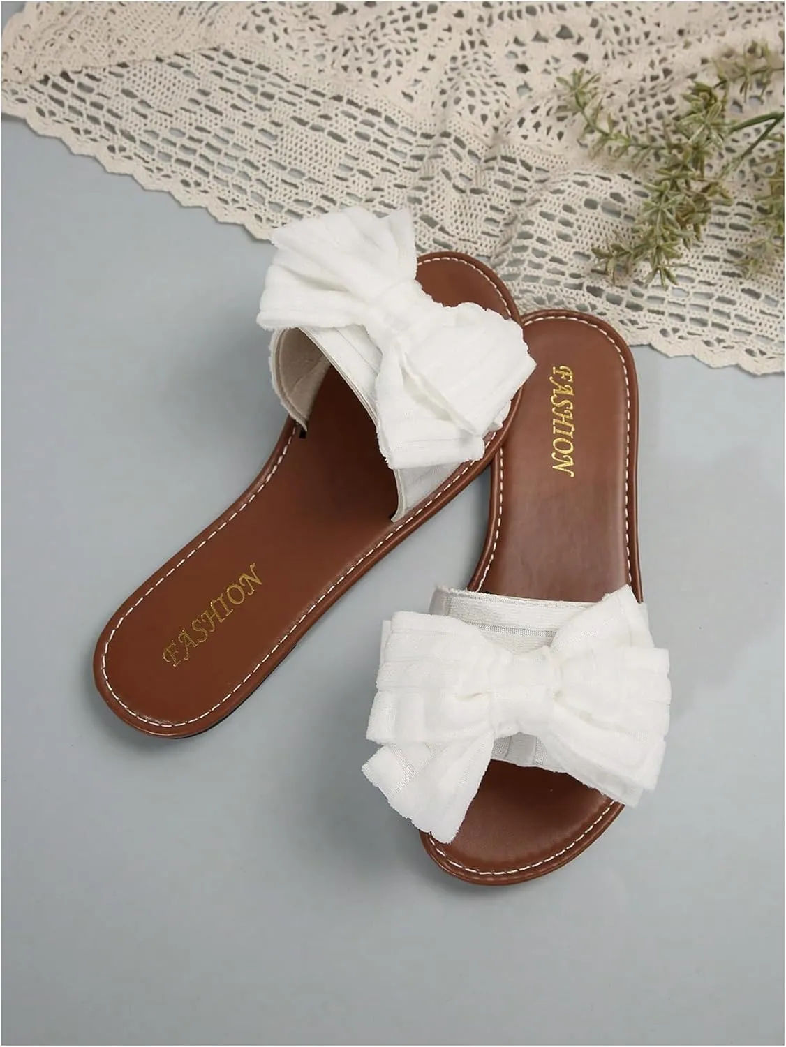 GORGLITTER Women's Bow Flat Sandals Open Toe Wide Width Dressy Vacation Slide Sandals