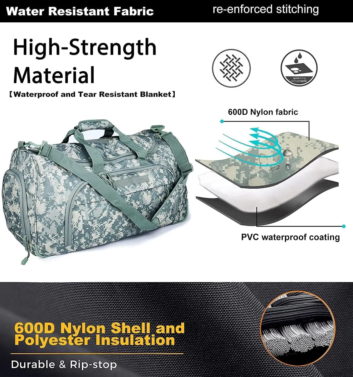 Gym Bag for Women & Men Tactical Duffle Military Weekender Work Out Lightweight Waterproof Sports Tote Shoe Pocket ACU