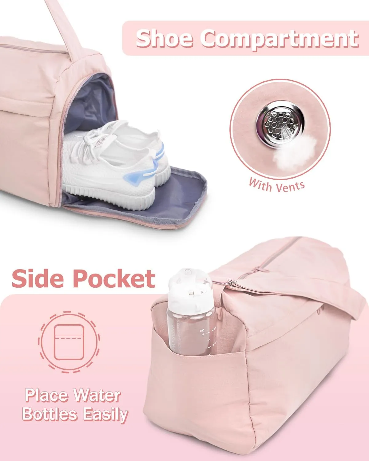 Gym Bag for Women with Shoe Compartment Sports Duffle Bag Men with Wet Pocket and Bottle Pocket Lightweight for Travel Workout, Pink