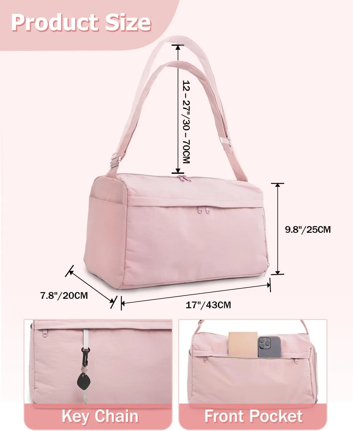 Gym Bag for Women with Shoe Compartment Sports Duffle Bag Men with Wet Pocket and Bottle Pocket Lightweight for Travel Workout, Pink
