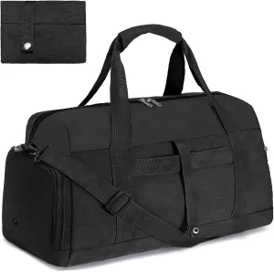 Gym Bags for Women Men with Wet & Shoe Compartment, 40L Foldable Travel Duffle Bag, Lightweight Weekender Overnight Duffel Bag for Traveling Sports Gym (Black)