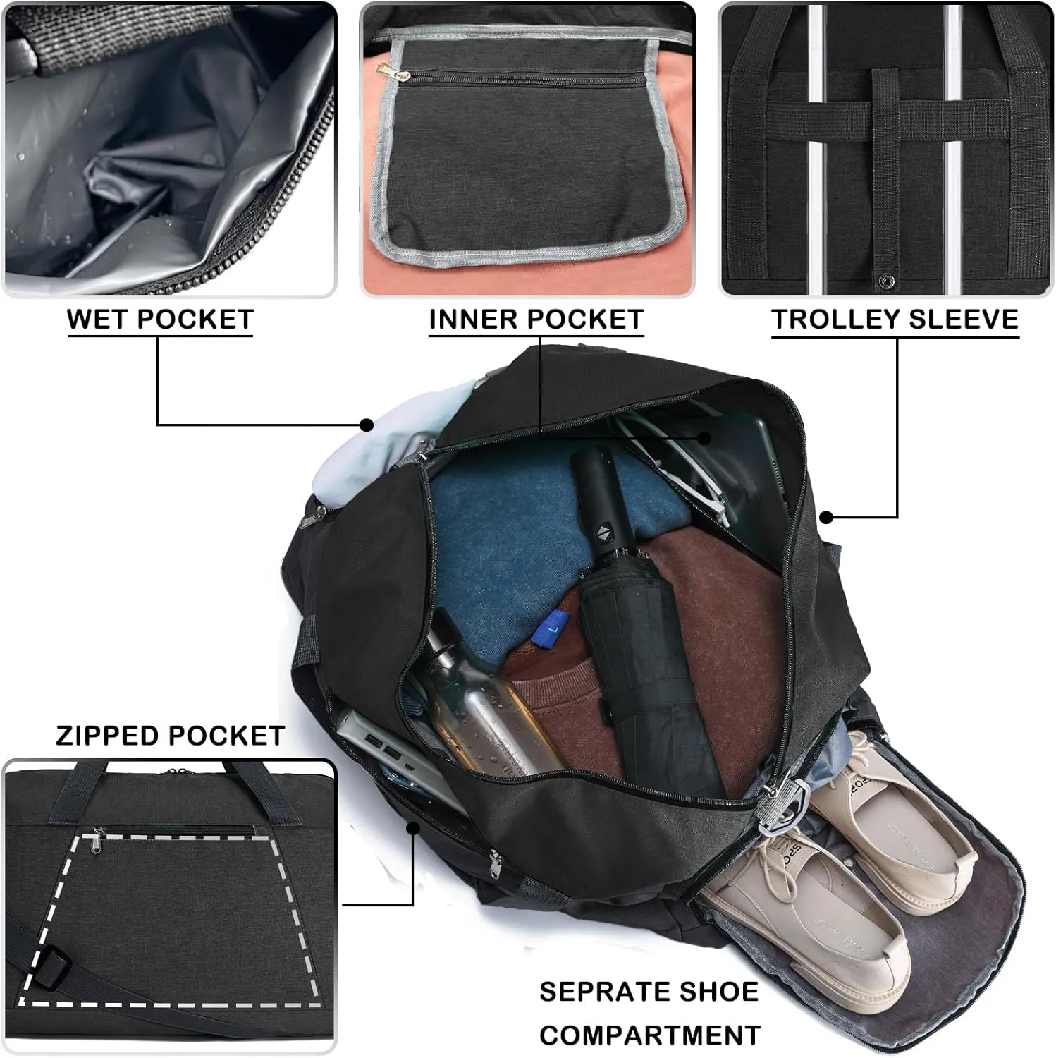 Gym Bags for Women Men with Wet & Shoe Compartment, 40L Foldable Travel Duffle Bag, Lightweight Weekender Overnight Duffel Bag for Traveling Sports Gym (Black)