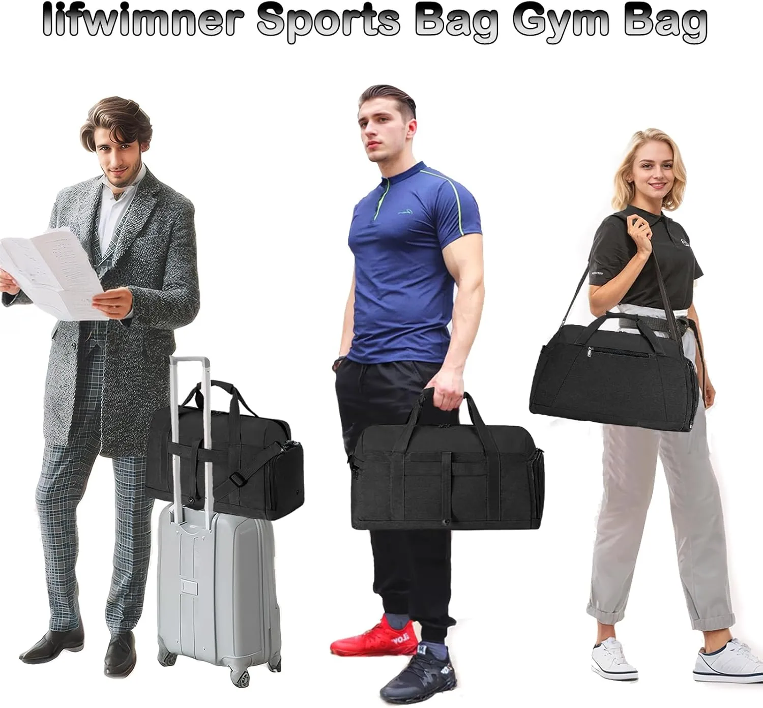 Gym Bags for Women Men with Wet & Shoe Compartment, 40L Foldable Travel Duffle Bag, Lightweight Weekender Overnight Duffel Bag for Traveling Sports Gym (Black)