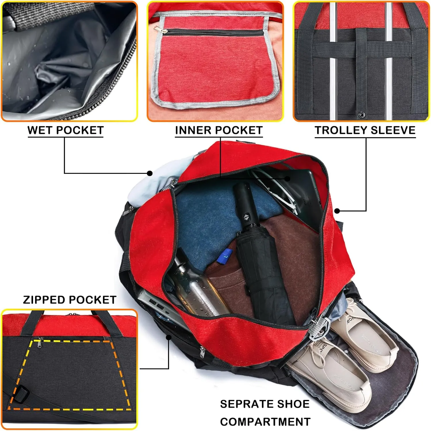 Gym Bags for Women Men with Wet & Shoe Compartment, 40L Foldable Travel Duffle Bag, Lightweight Weekender Overnight Duffel Bag for Traveling Sports Gym(Red)