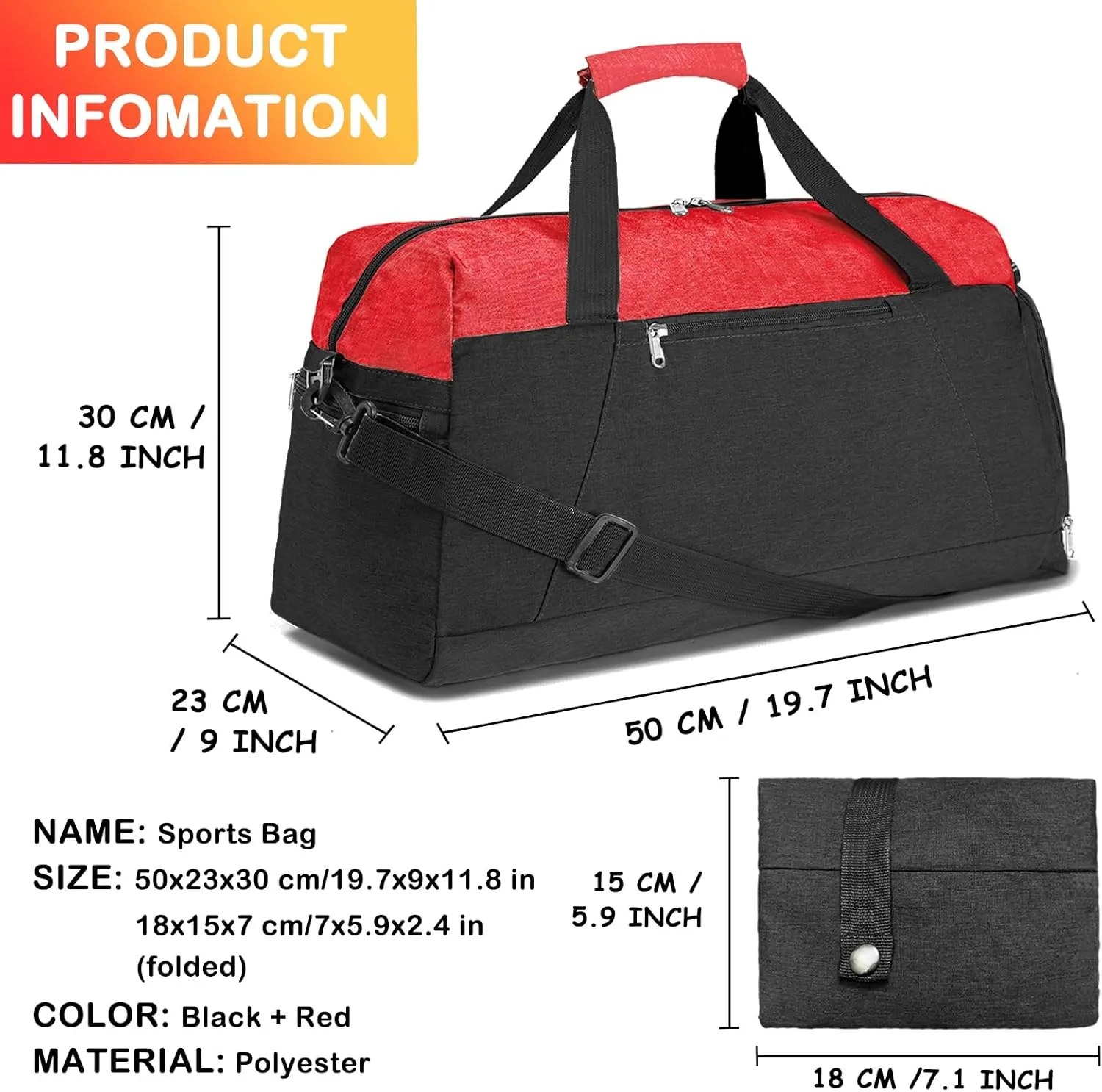 Gym Bags for Women Men with Wet & Shoe Compartment, 40L Foldable Travel Duffle Bag, Lightweight Weekender Overnight Duffel Bag for Traveling Sports Gym(Red)